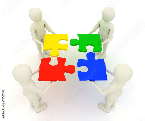 3d men holding assembled jigsaw puzzle pieces