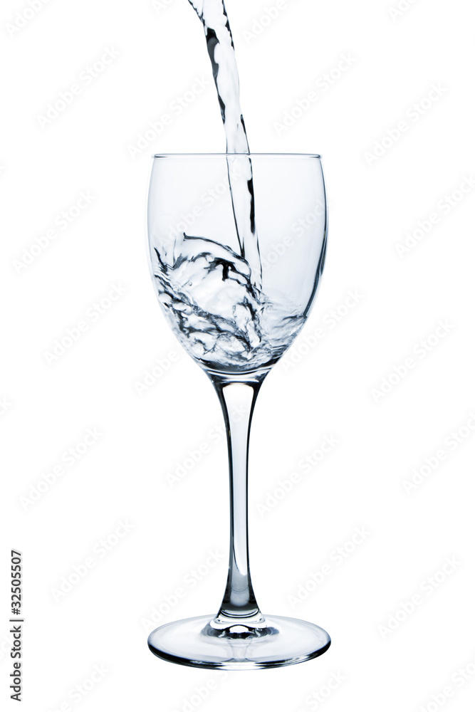 Wine glass with water over white background
