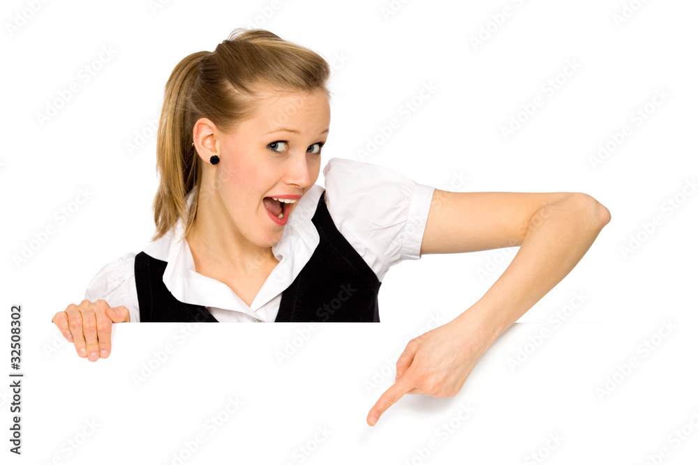 Woman pointing at a blank board Woman pointing at a blank board