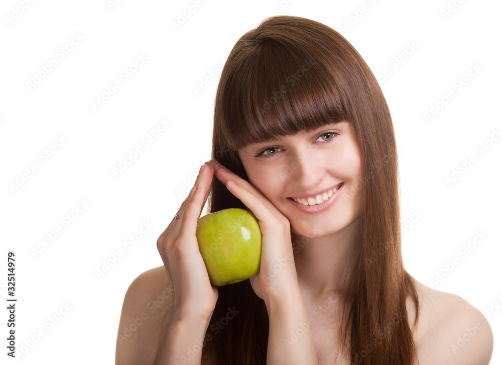 Young happy smiling woman with green apple isolated on white Young happy smiling woman with green apple isolated on white