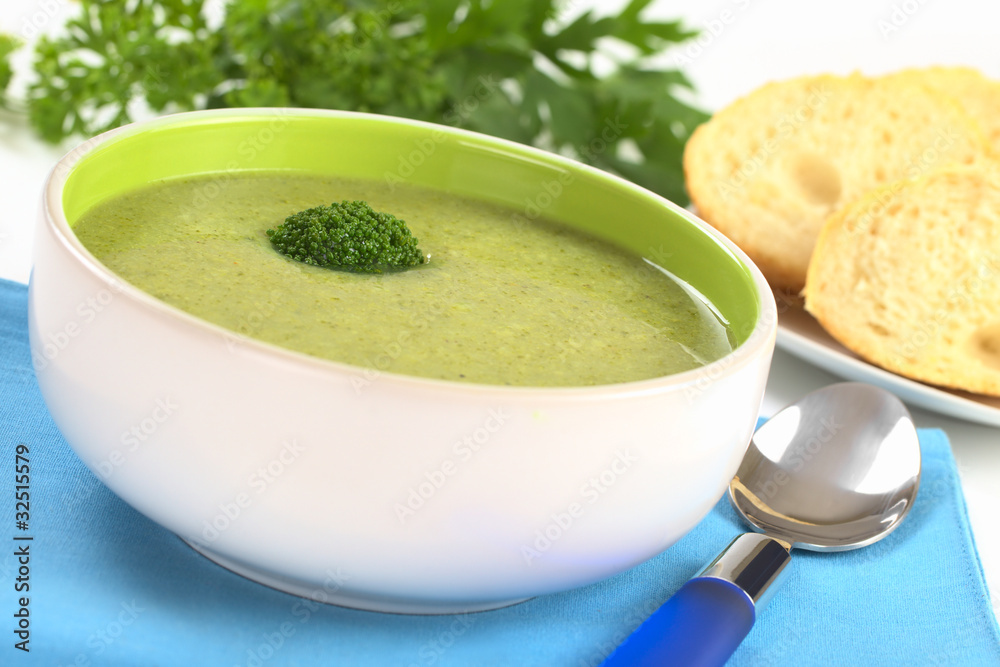 Cream of broccoli garnished with a broccoli floret Cream of broccoli garnished with a broccoli floret