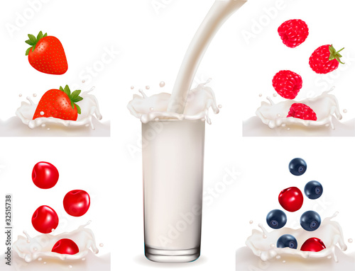 Raspberry, strawberry and cherry falling into the milk splash.