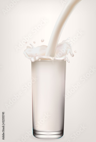 Pouring milk in a glass on white background. Vector