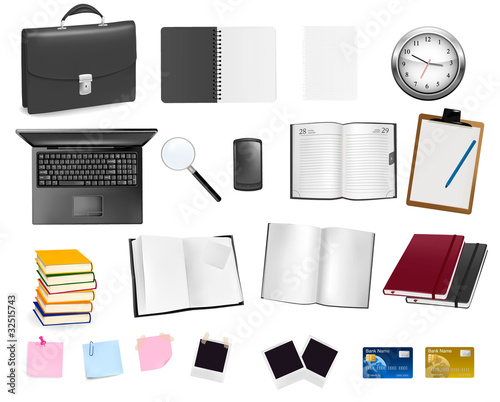 Laptop and office supplies. Vector.