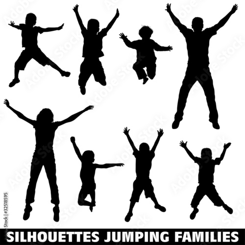Silhouette happy jumping family