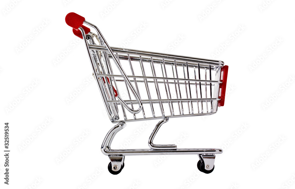 Single shopping trolley isolated on white