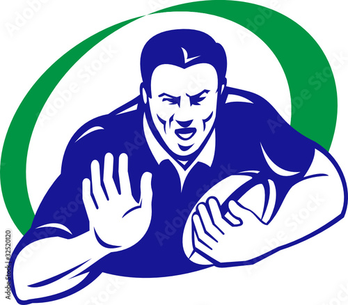 rugby player with ball fending off