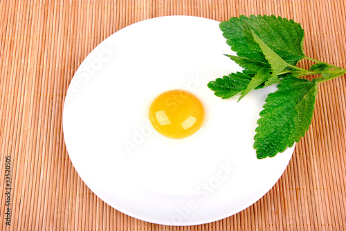 Broken egg on white plate, green stalk photo