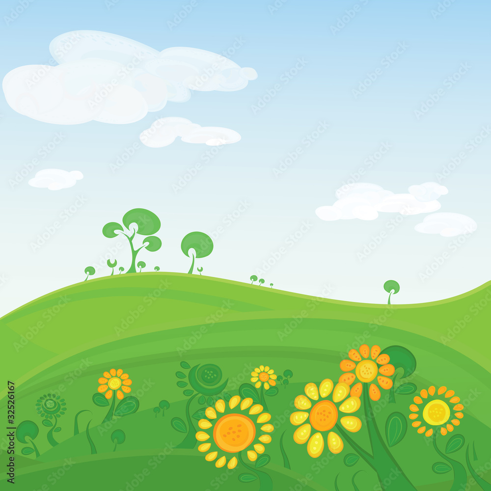 Vector landscape. Green valley with flowers