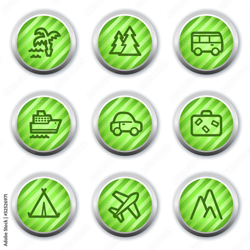 Travel web icons set 1, green glossy circle buttons Travel web icons set 1, green glossy circle buttons