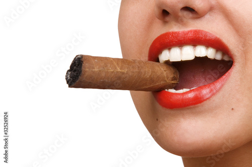 mouth with red lips biting a cigar