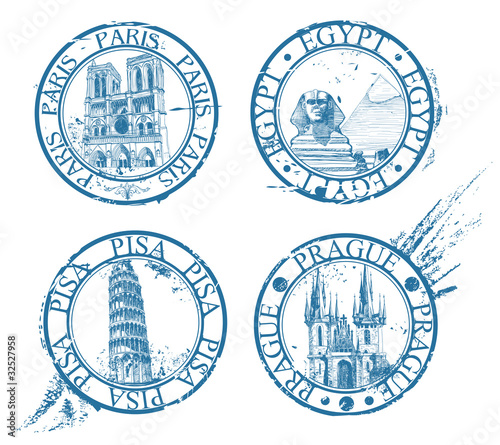 Ink travel stamps collection: Pisa, Paris, Prague, Egypt