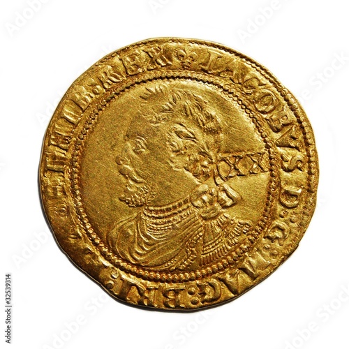 Old British hammered gold coin isolated, Laurel of James I