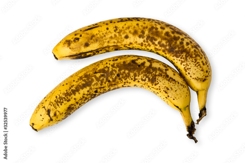 Detail of two old speckled bananas - obrazy, fototapety, plakaty 