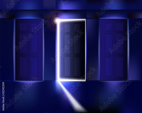 Corridor with open door. Vector illustration.