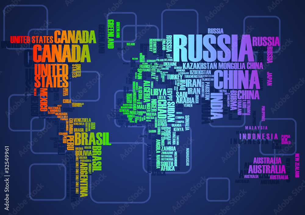 World map:the contours of the country consists of the words Stock ...