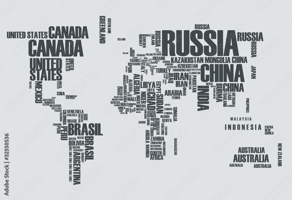 Plakat Mapa świata: na konturach kraju składają się słowa
