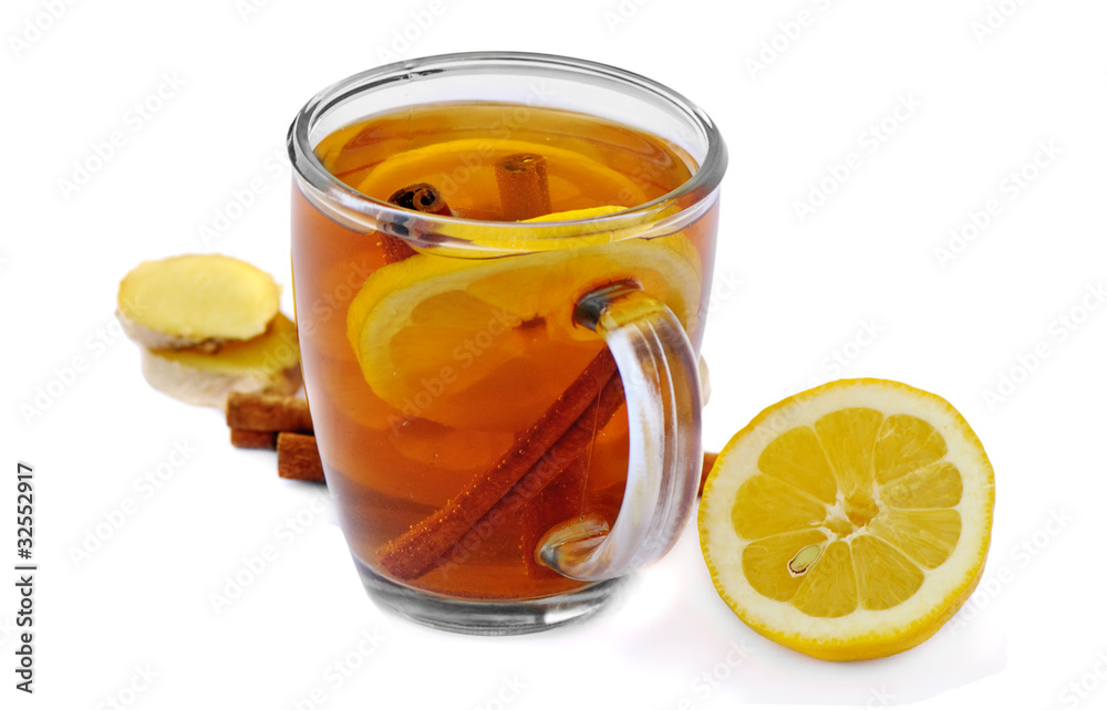 Tea with lemon isolated on white background