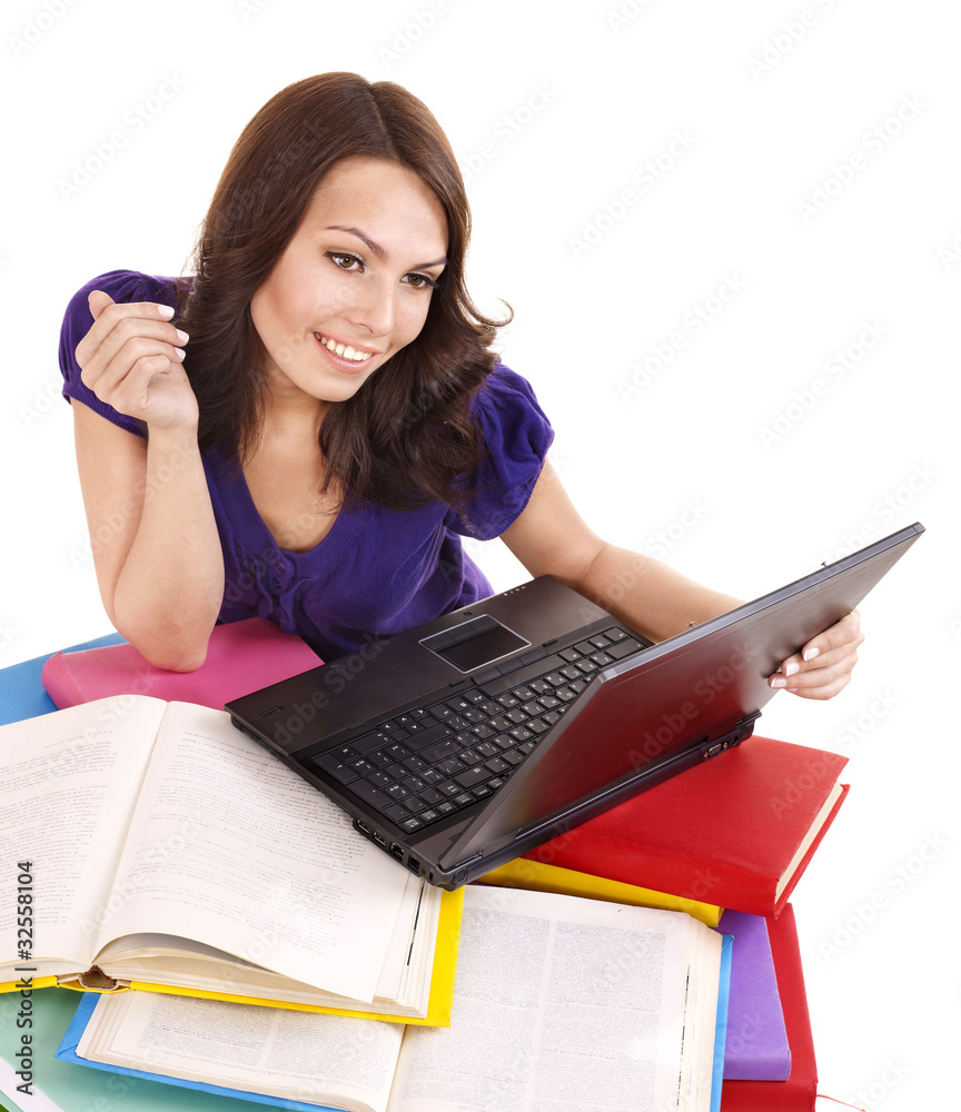 Girl with stack color book and laptop. Girl with stack color book and laptop.