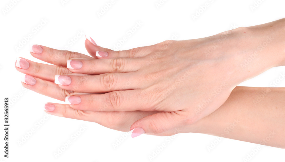 Beautiful woman hands with french manicure isolated on white bac