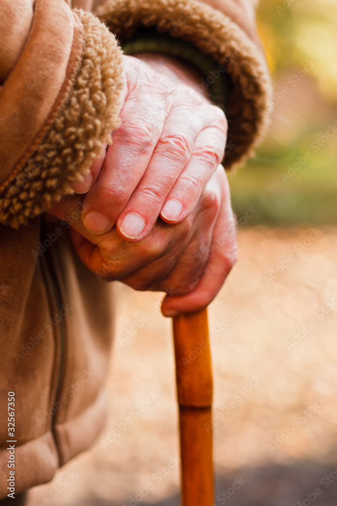 Elderly hands resting on walking stick Elderly hands resting on walking stick