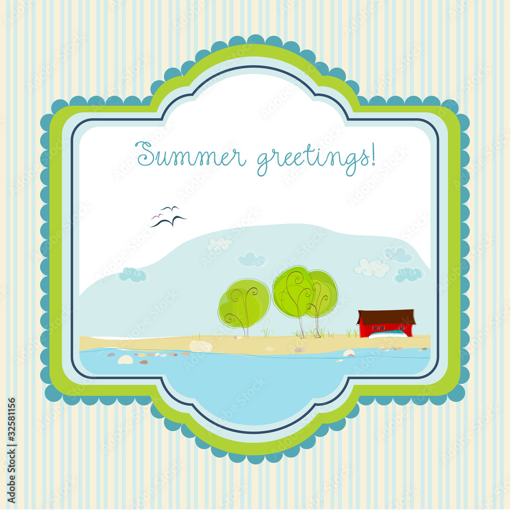 doodle illustrated summer background with summer cottage