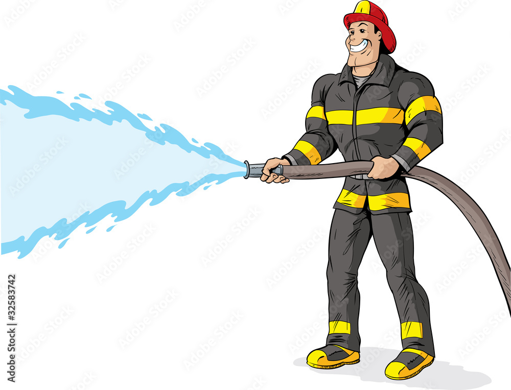 Handsome Firefighter using a fire hose. Stock Vector | Adobe Stock