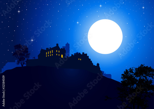 A castle at the mountain with full moon as the background