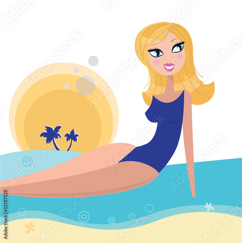 Blond woman bathing and sun tanning on the beach.