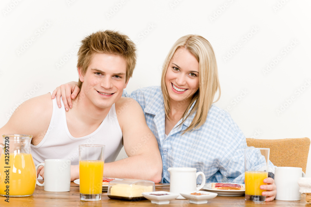 Breakfast happy couple enjoy romantic morning