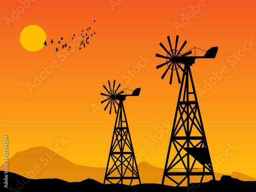 Wind Power Turbines and sunrise, vector illustration