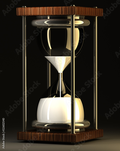 closeup of hourglass in warm on black background 3d