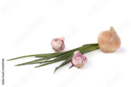 onion and garlic isolated on white