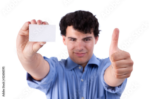 businessman with thumb raised and a business card in hand,