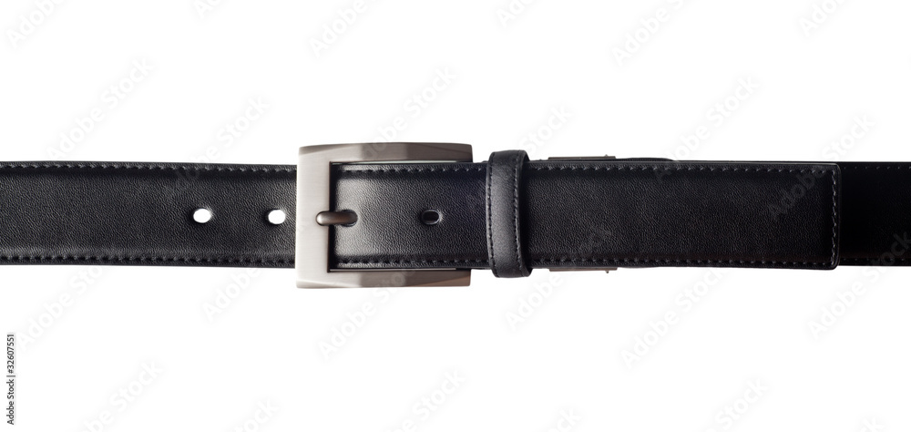 Black leather belt with a rectangular buckle isolated on white Black leather belt with a rectangular buckle isolated on white