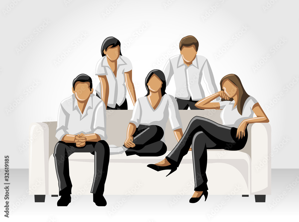 Template of a group people wearing white clothes on sofa Template of a group people wearing white clothes on sofa