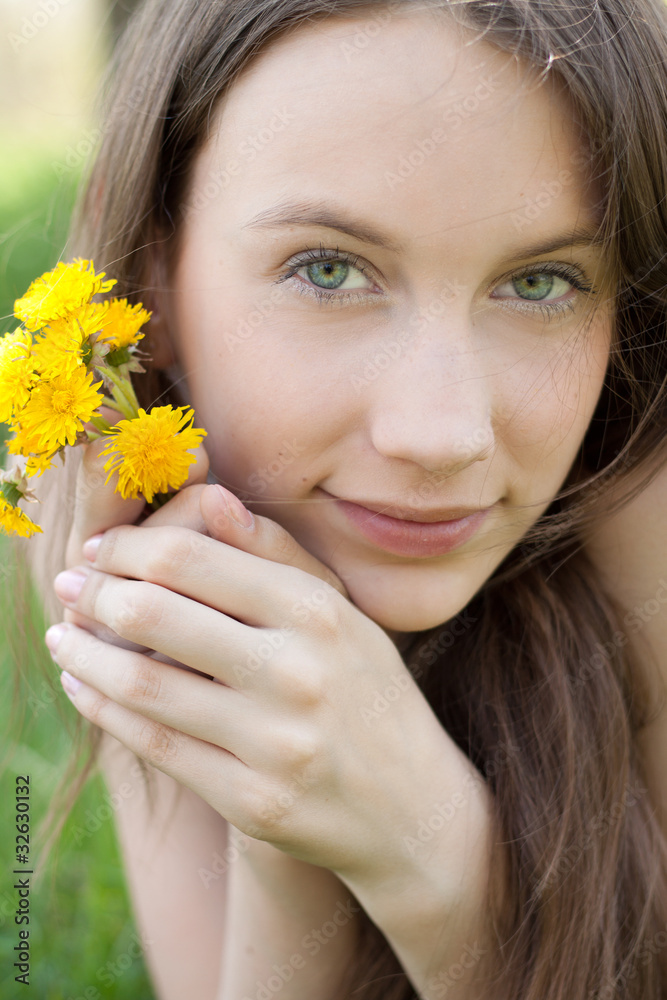 young beautiful teenager with dandelion bouquet young beautiful teenager with dandelion bouquet