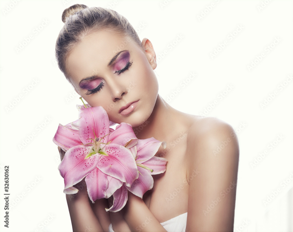 beautiful young sexy woman with flowers on white background beautiful young sexy woman with flowers on white background