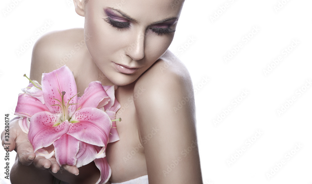 beautiful young sexy woman with flowers on white background beautiful young sexy woman with flowers on white background