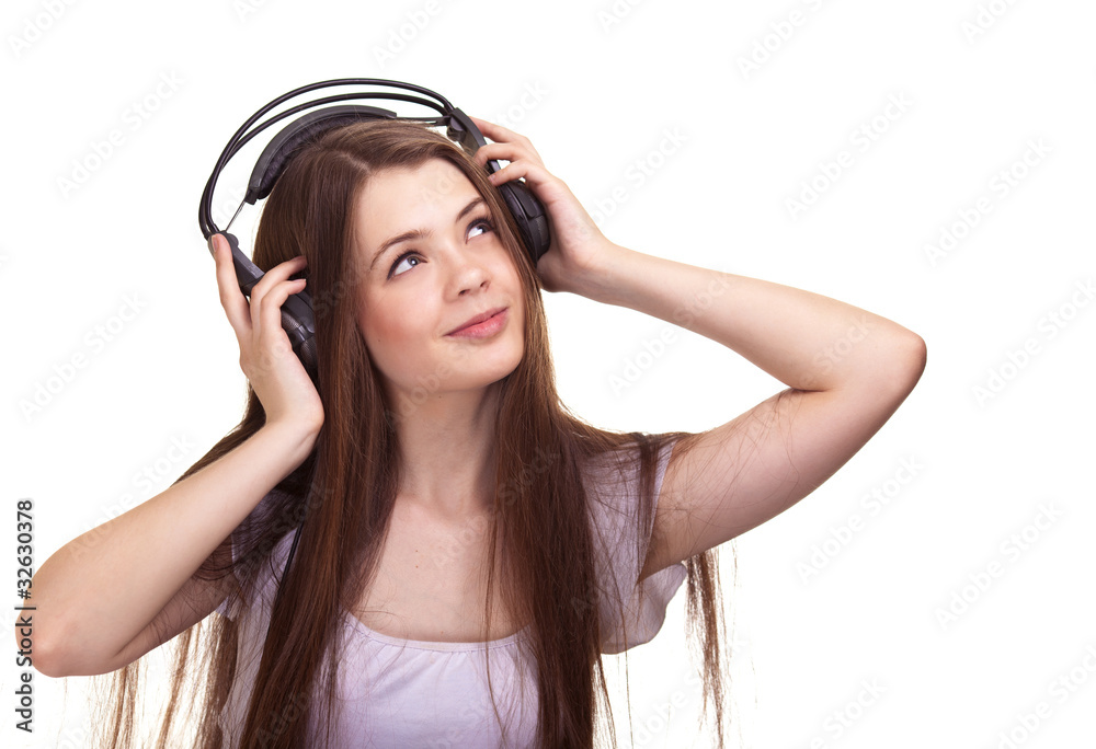 attractive smiling woman with headphones on white background