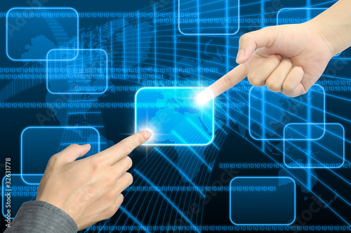 hand pushing a button on a touch screen interface