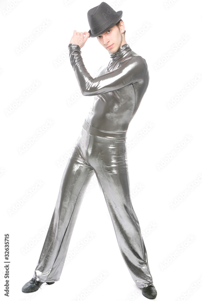 Dancer in slinky silver dress with a white background Dancer in slinky silver dress with a white background
