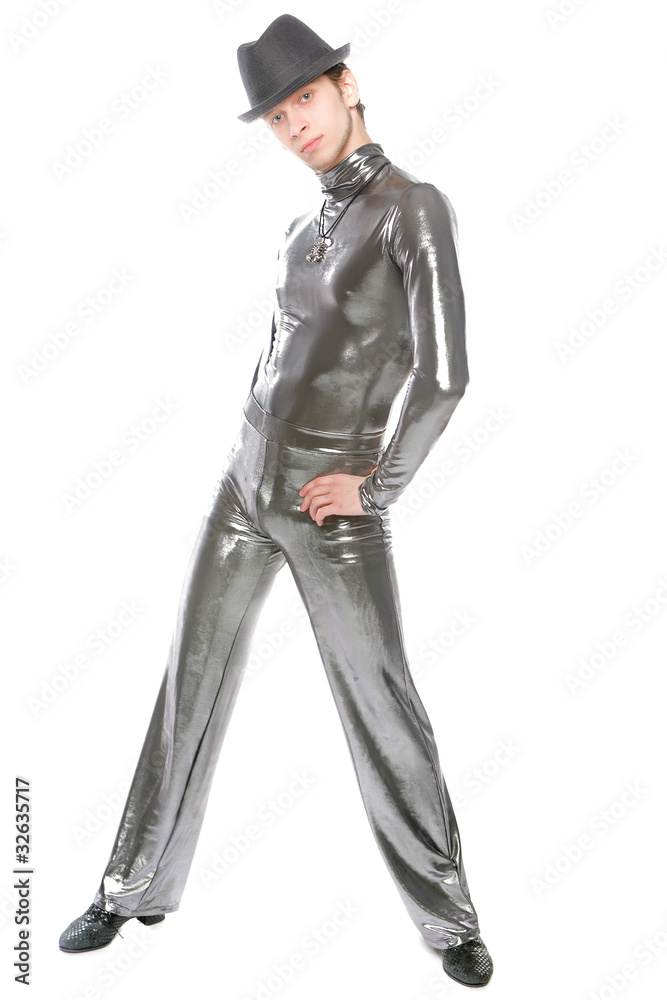 Dancer in slinky silver dress with a white background Dancer in slinky silver dress with a white background