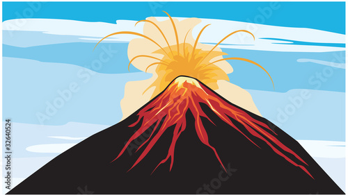 Volcanic landscape with clouds and rivers of lava