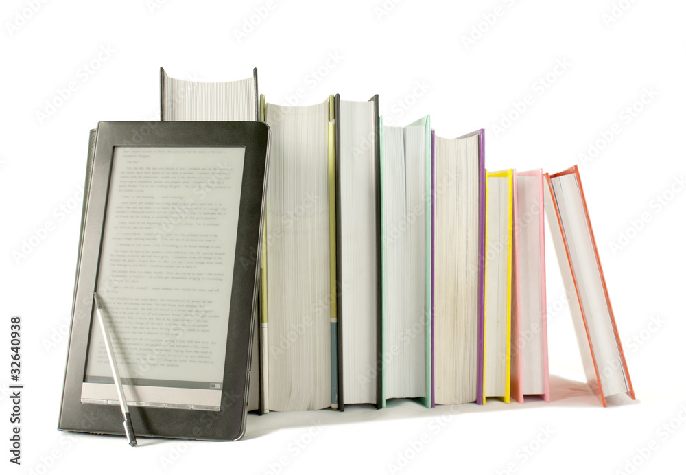 Row of printed books with electronic book reader