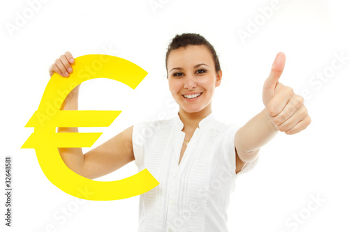 businesswoman happy thumb up holding euro symbol isolated on whi photo