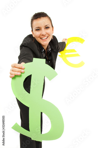 businesswoman happy holding dollar and euro symbols isolated on photo