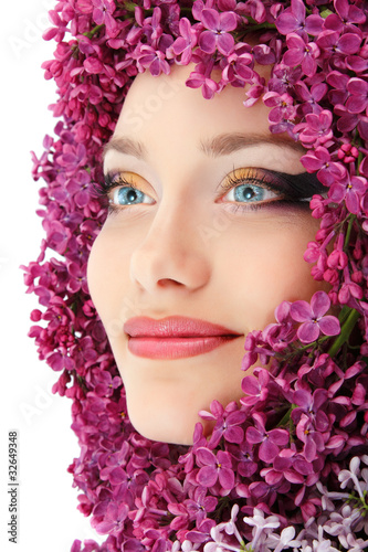 woman beautiful face with flower lilac border