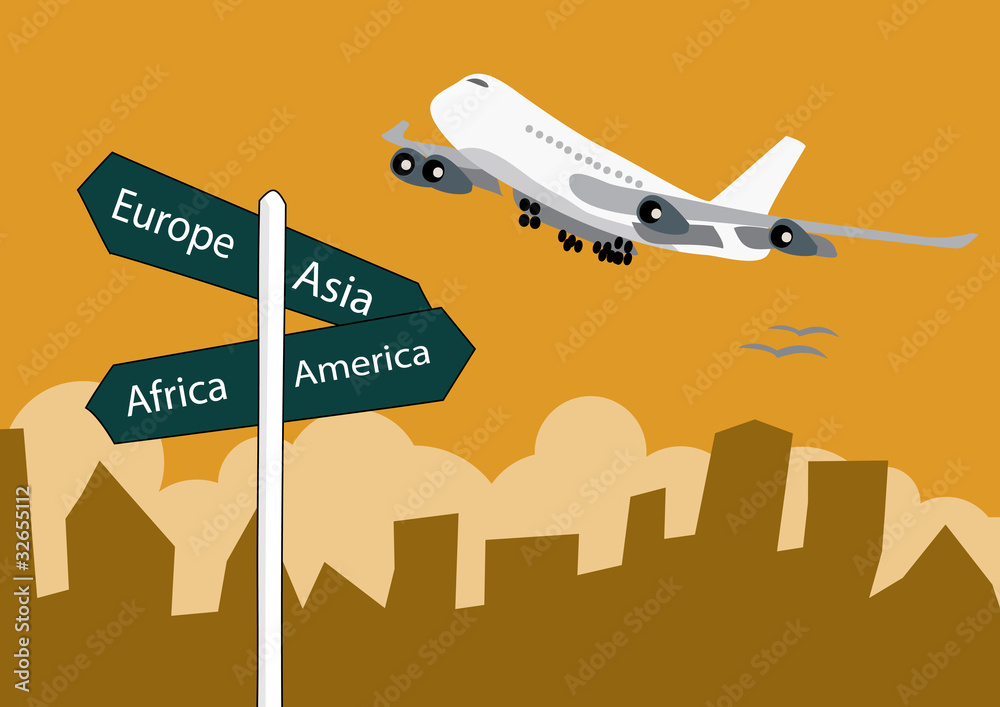 Naklejka premium Airplane landing above the sign post