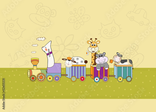 customizable birthday card with animal toys train